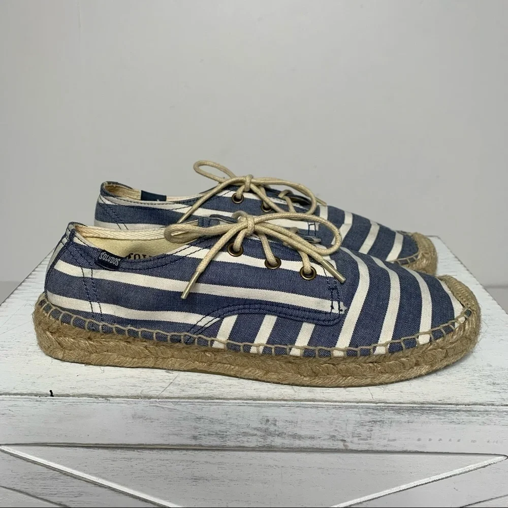 Soludos Derby Blue White Stripe Lace Up Espadrilles